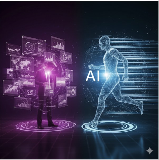An executive surrounded by dashboards on one side, an AI figure moving forward on the other